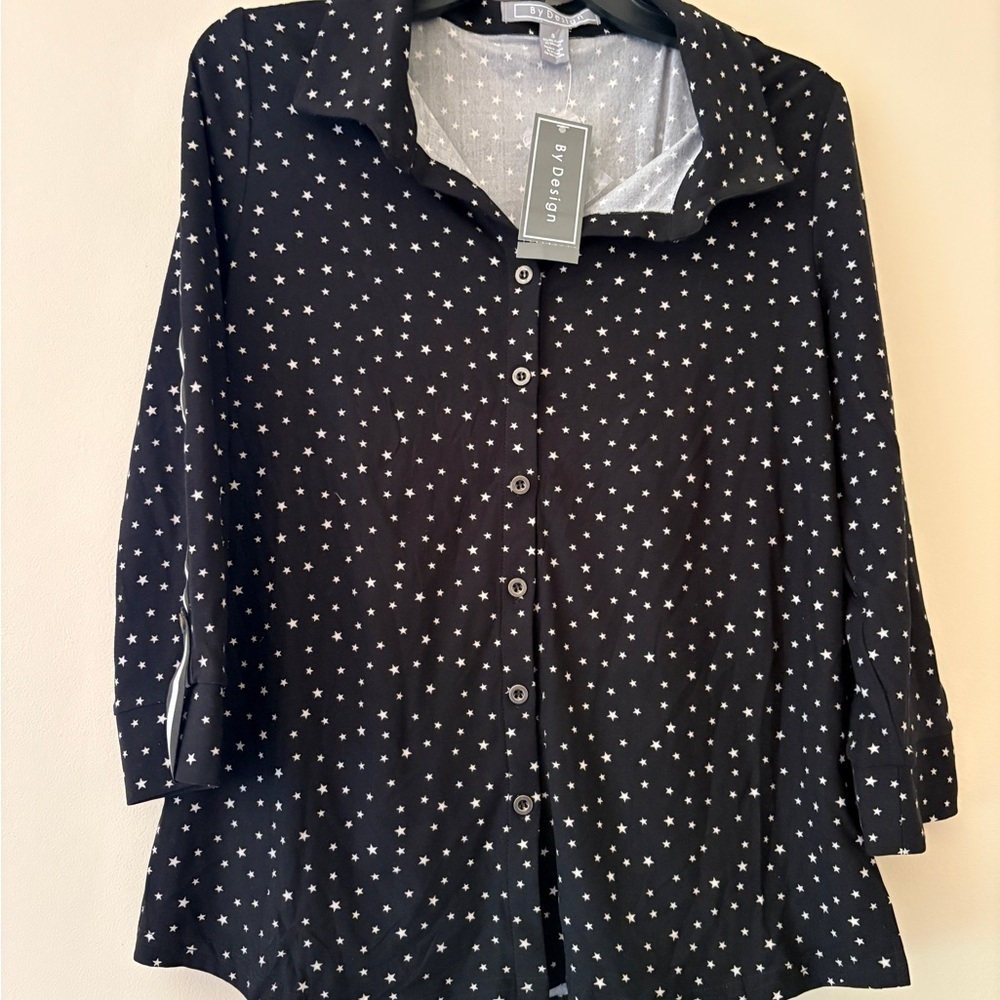 By Design Black White Star Print Roll Tab Button Down Blouse Small NWT